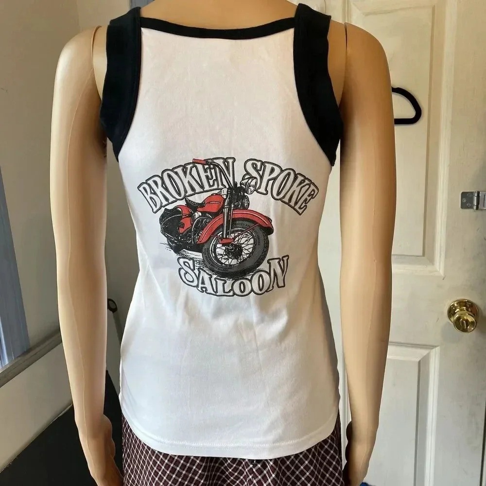 Y2K Broken Spoke Saloon Black White Sleeveless Tank Top Motorcycle Goth Womens L